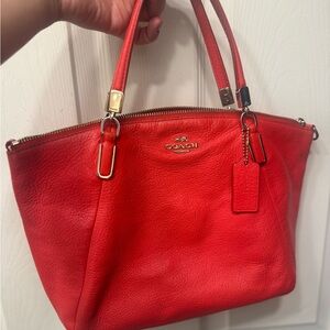 Coach Fire Red Leather Tote Bag with gold-toned hardware